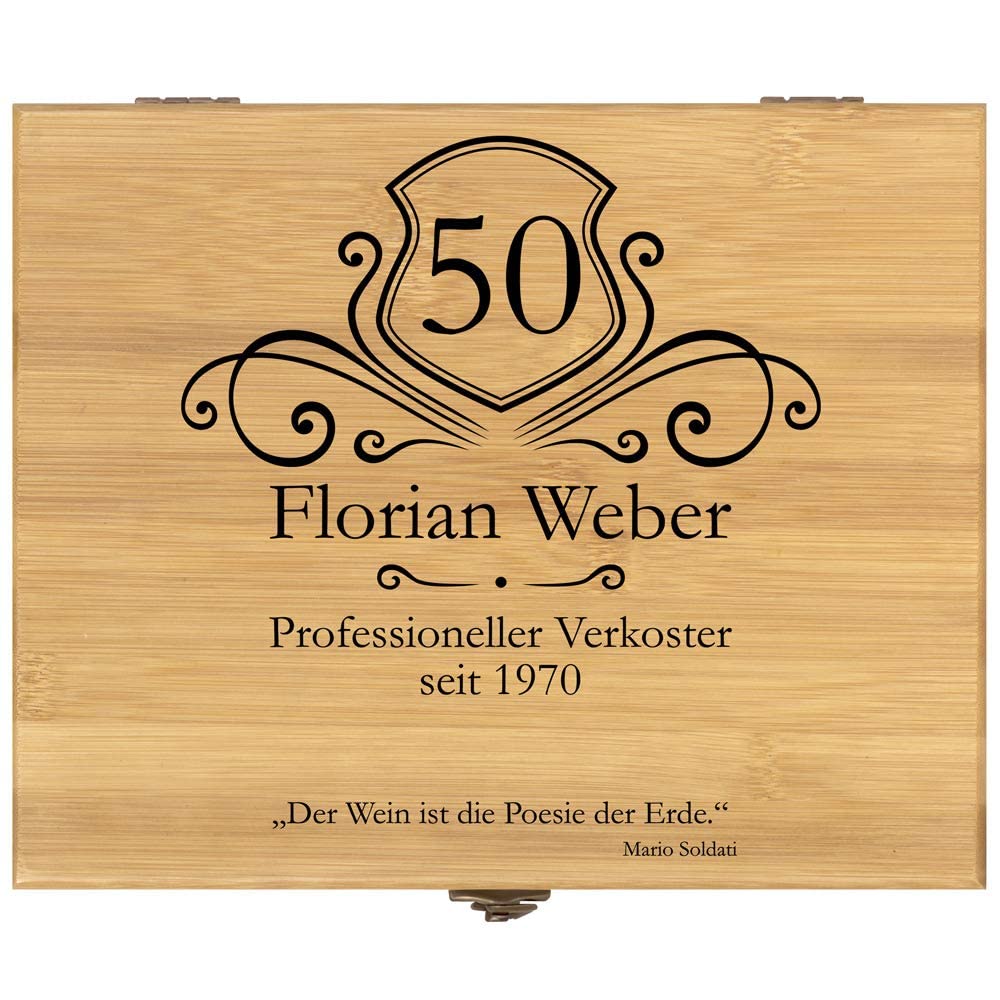 Maverton Weinöffner-Set personalisiert Weinset Sommelier Set - Geschenkbox Holzbox + 6er Weinzubehörset - aus Bambus - Braun - Geschenk zum Geburtstag für Männer - Professioneller Verkoster