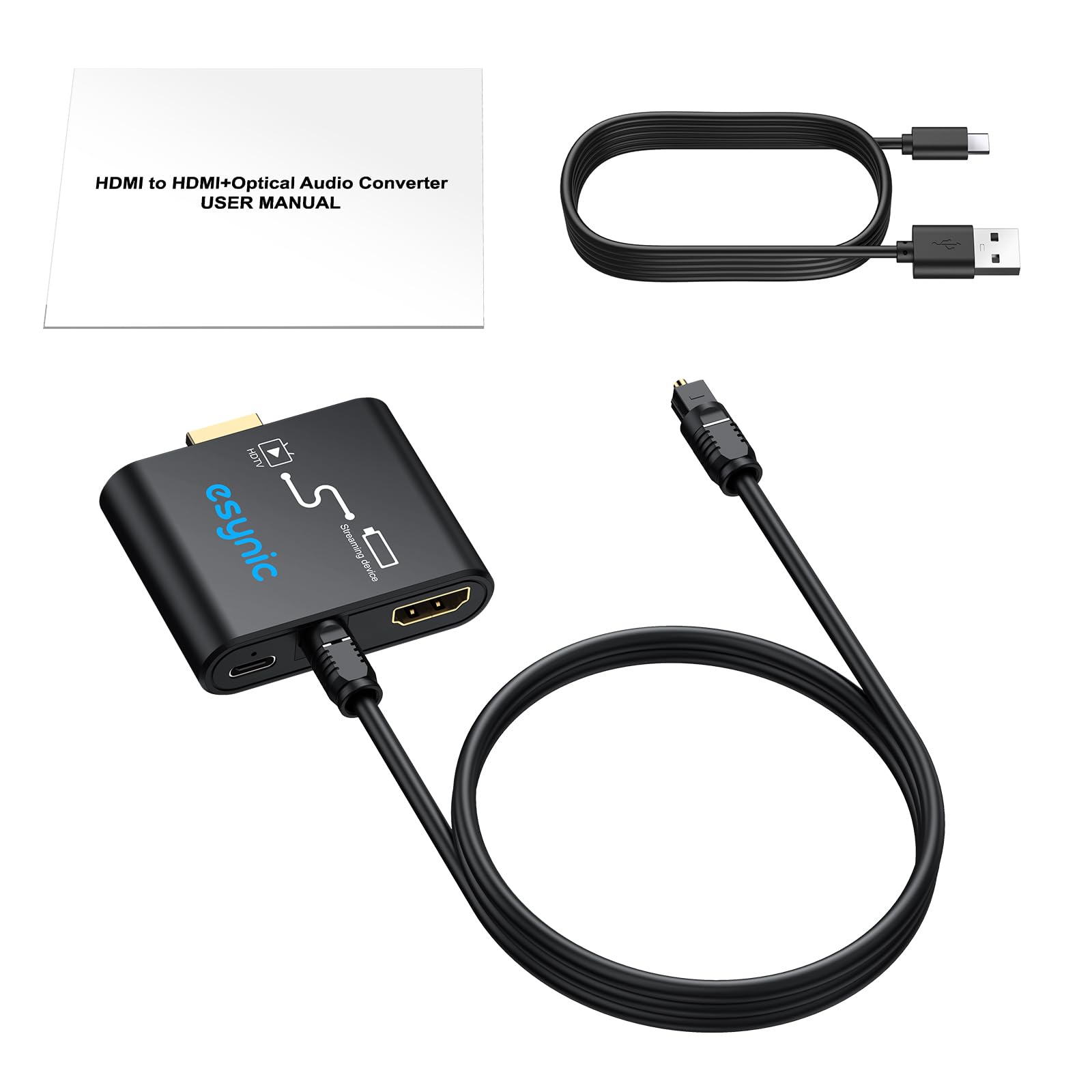 eSynic HDMI zu HDMI Audio Extractor 4K Optisch Splitter Adapter mit Optischer Audioausgang für Fire TV Stick Spezieller Fernsehkonverter 5.1 DTS Soundbar Konverter Ohne ARC/eARC Plug & Play
