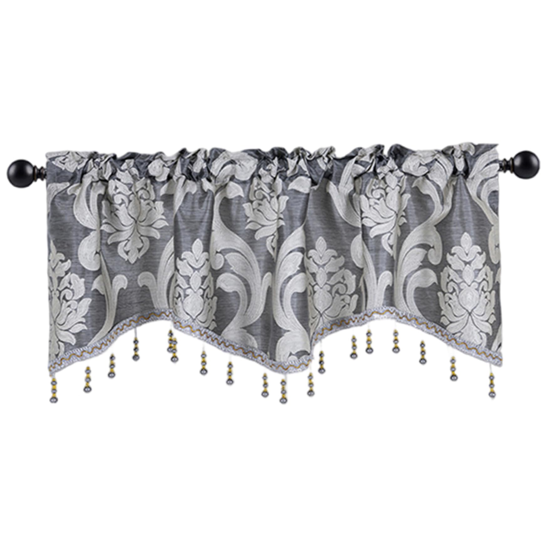 Hperu Scalloped Window Valance - 52x18 Inch Jacquard Curtain with Tassel Rod Pocket for Living Room, Kitchen (Grey)