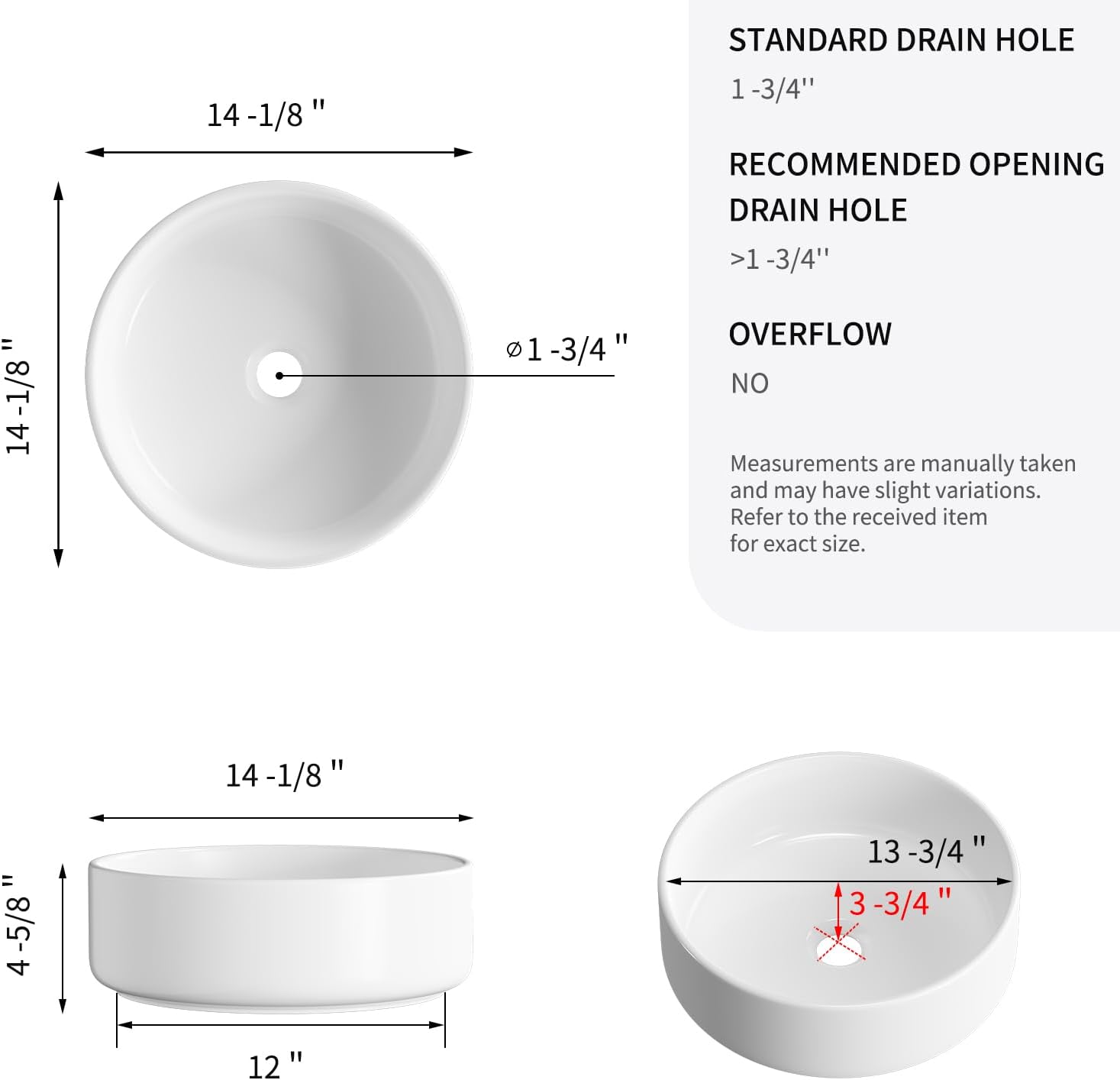 Small Bathroom Sinks Above Counter: OCEALAGOON 14 Inch Round Bathroom Vessel Sink White Ceramic Porcelain Bathroom Sink Bowl Modern Vessel Sinks for Tiny Bathrooms