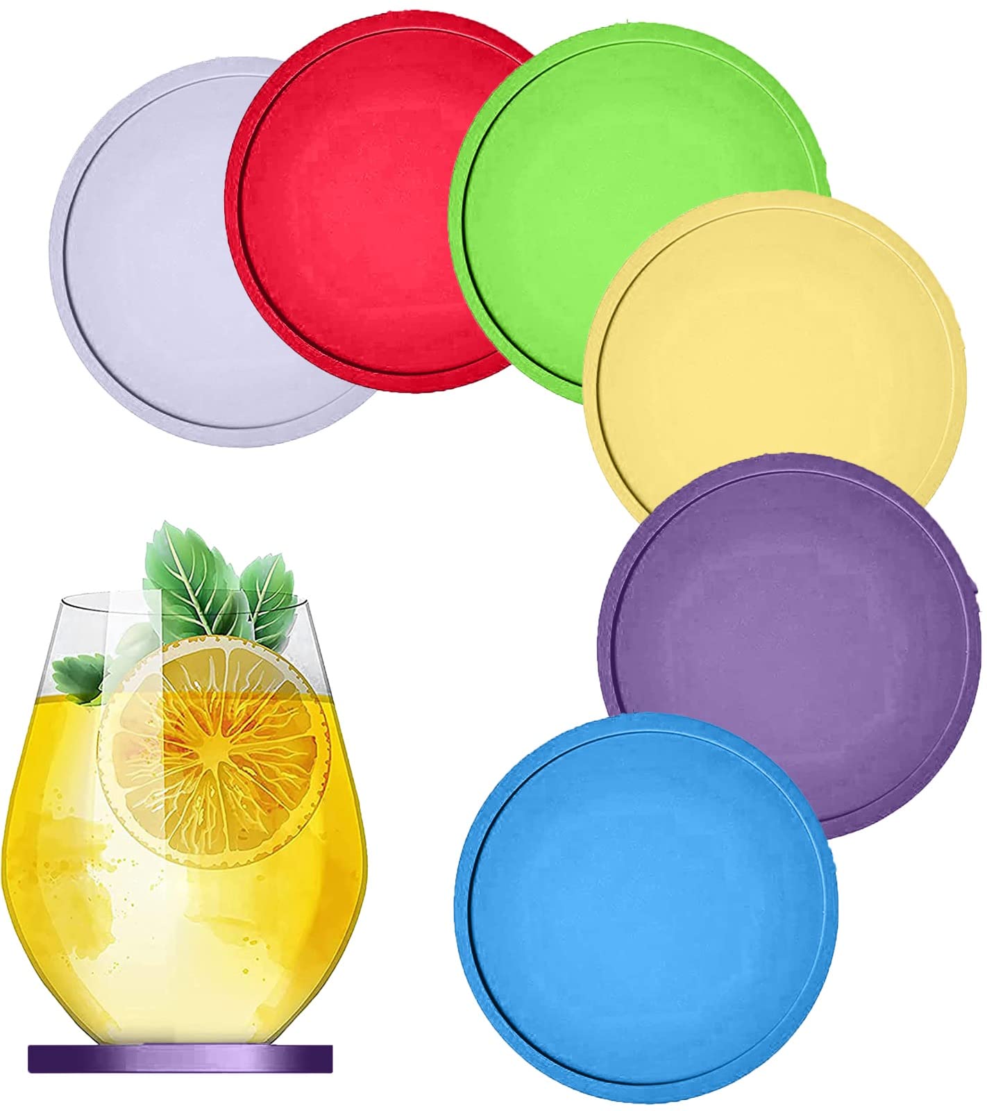 MALANGI 6Pcs Drink Coasters Cup Pad Mat Round Silicone Rubber Mug Coaster Non Slip for Coffee Beer Mug Wine Glass Bottle Home and Bar (Multi)