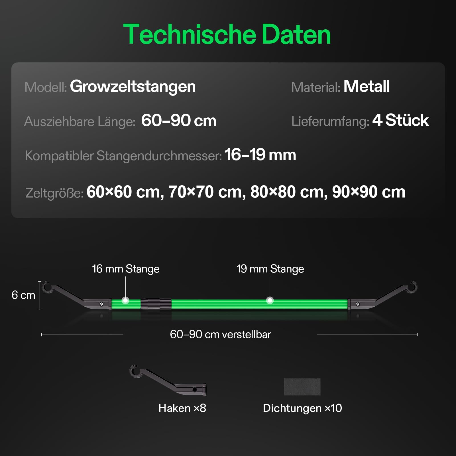 VIVOSUN High-CFM Stützstangen-Set für Growzelt, Heavy-Duty Querstreben, 60–90 cm verstellbar, hohe Tragkraft für 60×60, 70×70, 80×80 und 90×90 cm Zelte, 4er-Set