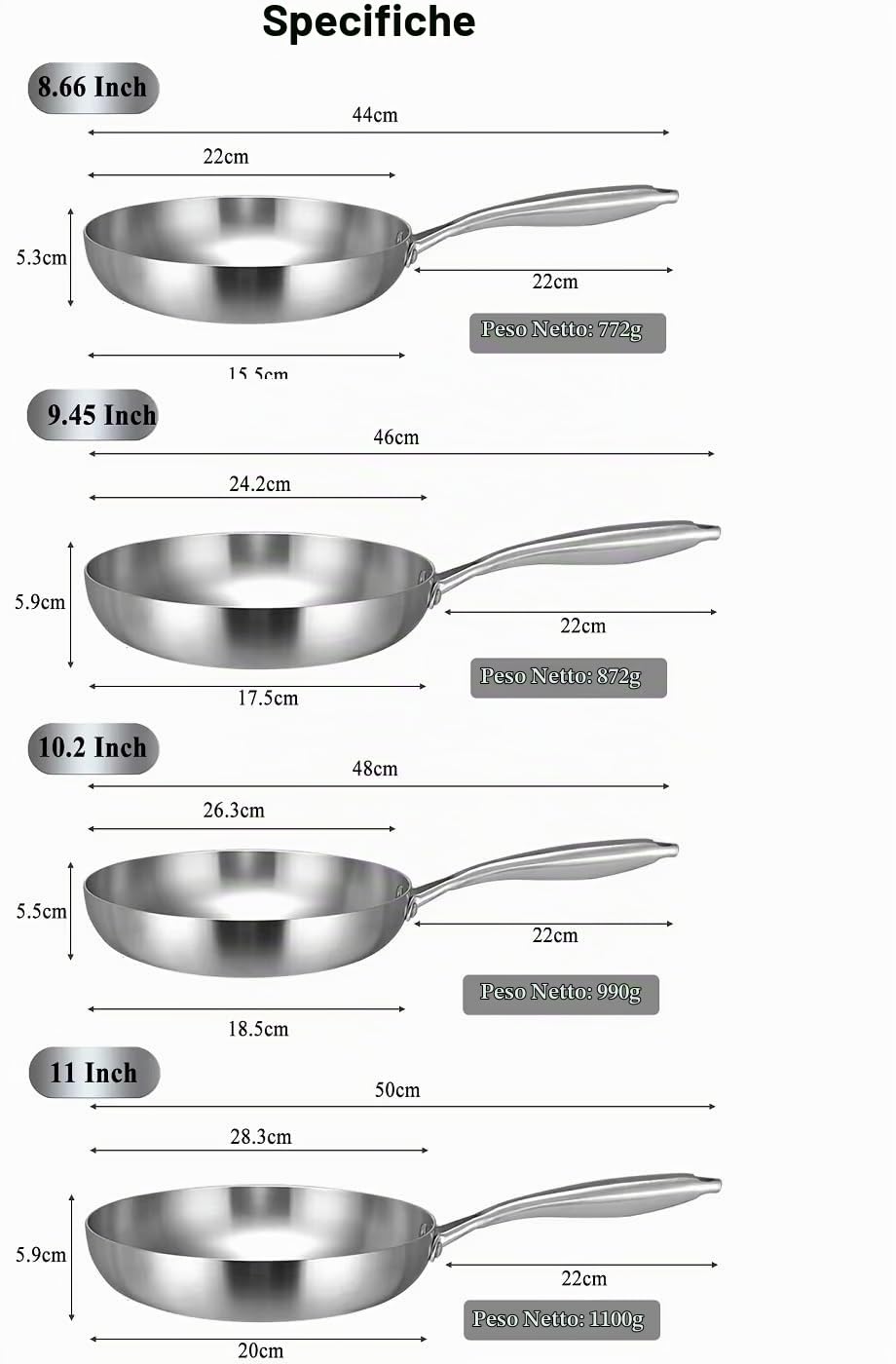 Generico Padella Gourmet Professionale, Padella in Acciaio Inox a 3 Strati, Compatibile con Induzione, Lavabile in Lavastoviglie, Resistente fino a 400°C (26 cm)