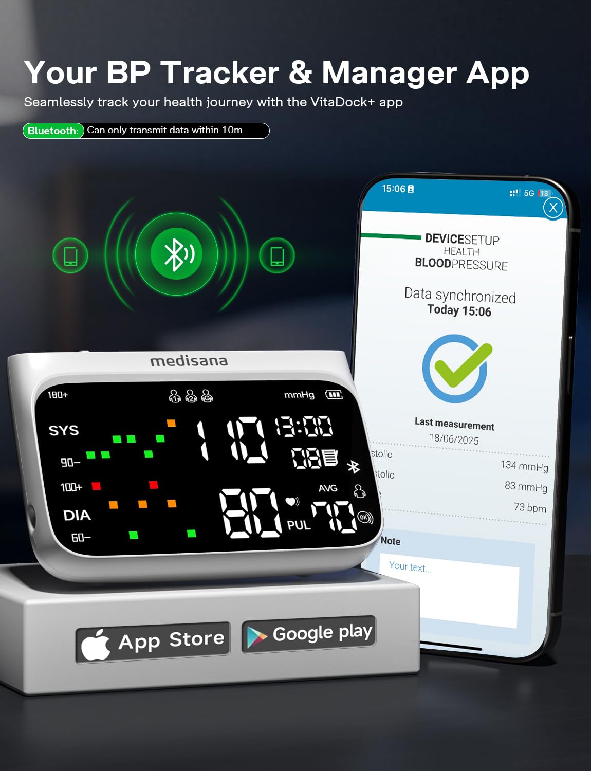 Cordless Arm Blood Pressure Monitor, Bluetooth Smart Blood Pressure Monitors for Home Use with App Tracking, Blood Pressure Machine with LED Color Dual-Display, Extra-Large Adult Cuff