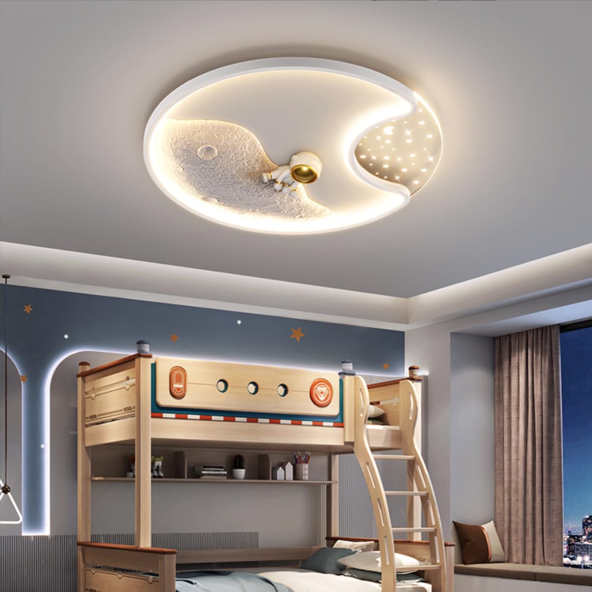 GUANSHAN 3D Astronaut Moon Ceiling Light LED Astronaut Chandelier Ceiling Lamp Cartoon Moon Chandelier Eye Protection Ceiling Lighting Fixture for Bedroom, Children's Room