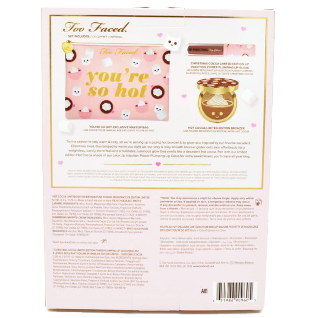 Too Faced You’re So Hot Bronzer and Lip Gloss Set:: Hot Cocoa Face Bronzer, Christmas Cocoa Lip Injection Power Plumping Lip Gloss, and Makeup Bag