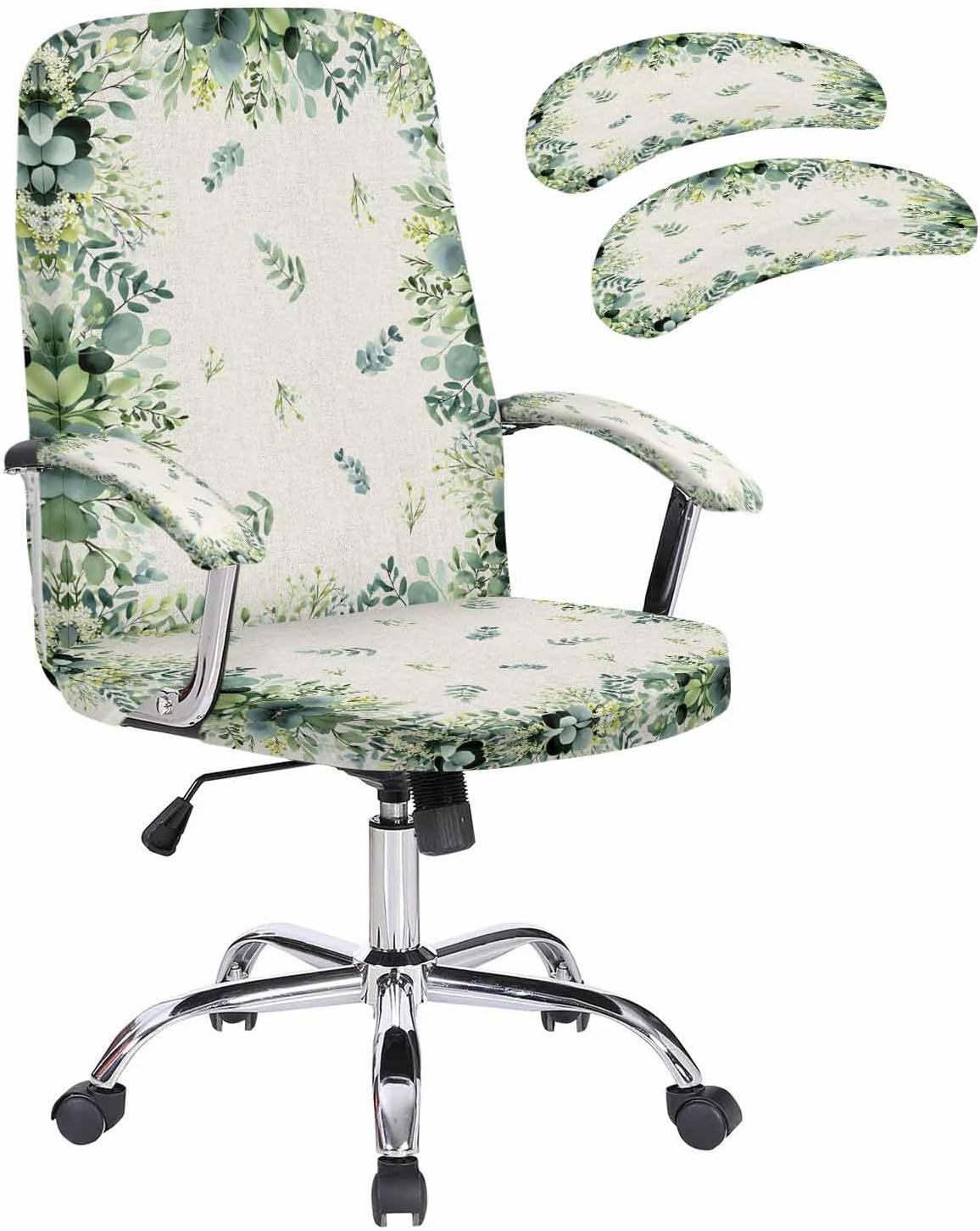 Eucalyptus Leaves Office Chair Covers with Armrest Covers, Rotating Chair Cover, Green Spring Floral Summer Botanical Armchair Slipcovers Decorative Backrest and Seat Protectors, Large