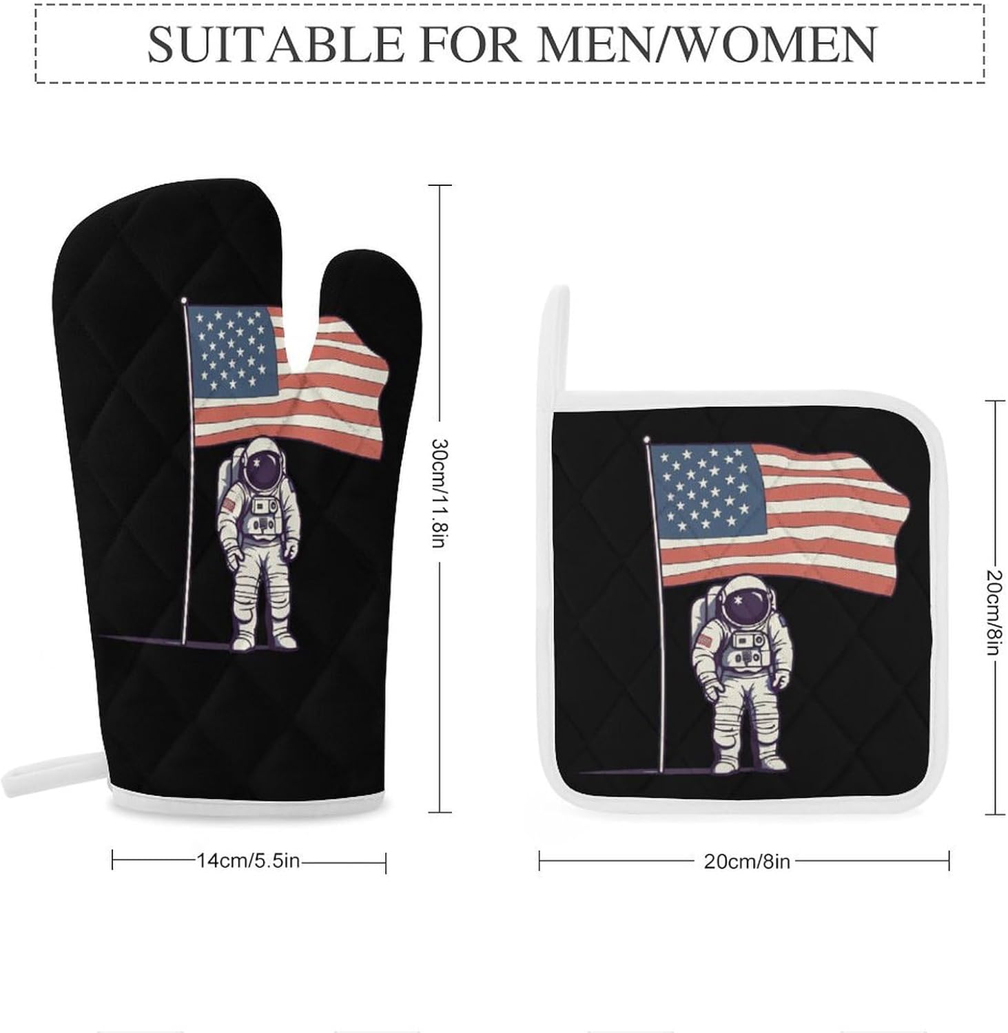 American Flag Space Astronaut 4 Pcs Oven Mitts and Pot Holders Set High Heat Resistant Long Kitchen Oven Glove Potholders