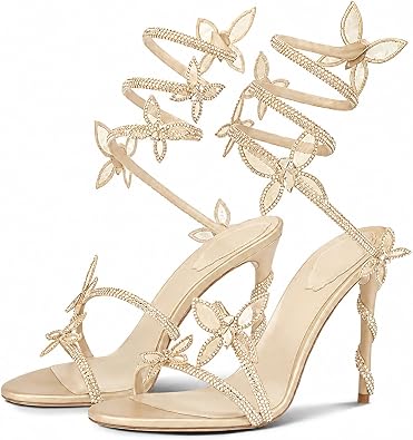 Dazzling Rhinestone Butterfly Wrap Around Heels, Sparkly Stiletto High Heel Sandals with Glam Bling Strap