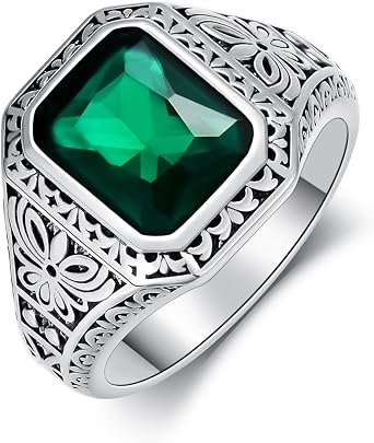 SISGEM 4ct Emerald Ring for Men 925 Sterling Silver Green Gemstone Engraved Vintage Retro Emerald Men's Ring for Him Boyfriend Husband Size UK I-Z+6
