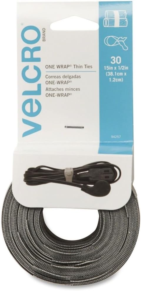 Velcro 94257 6 Pack 15in. x 1/2in. One Wrap Thin Ties, Black and Gray