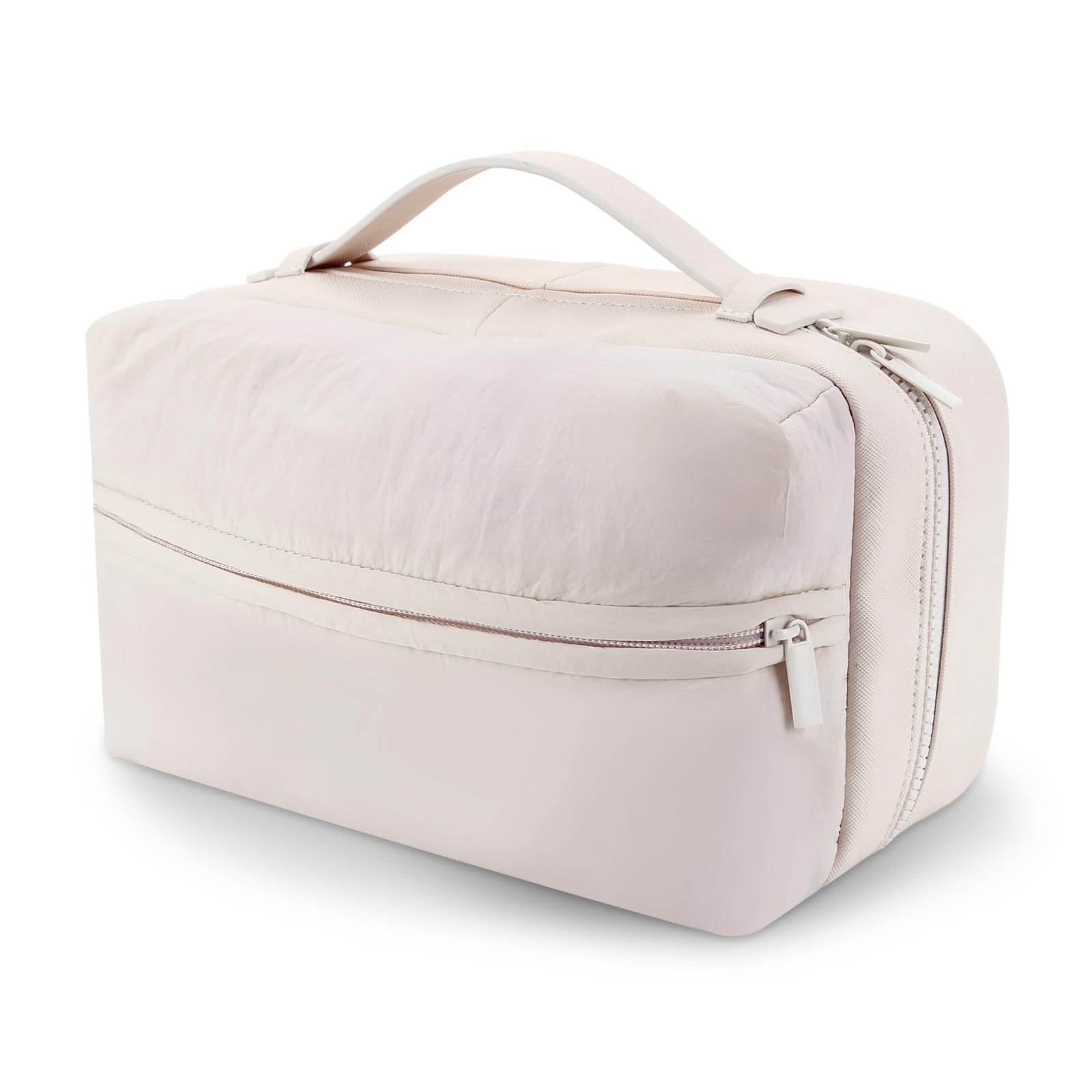 Cessfle 2 Layer Puffy Makeup Bag - Large Waterproof Leather Cosmetic Bag for Travel, Women's Beauty Organizer With Brush Storage