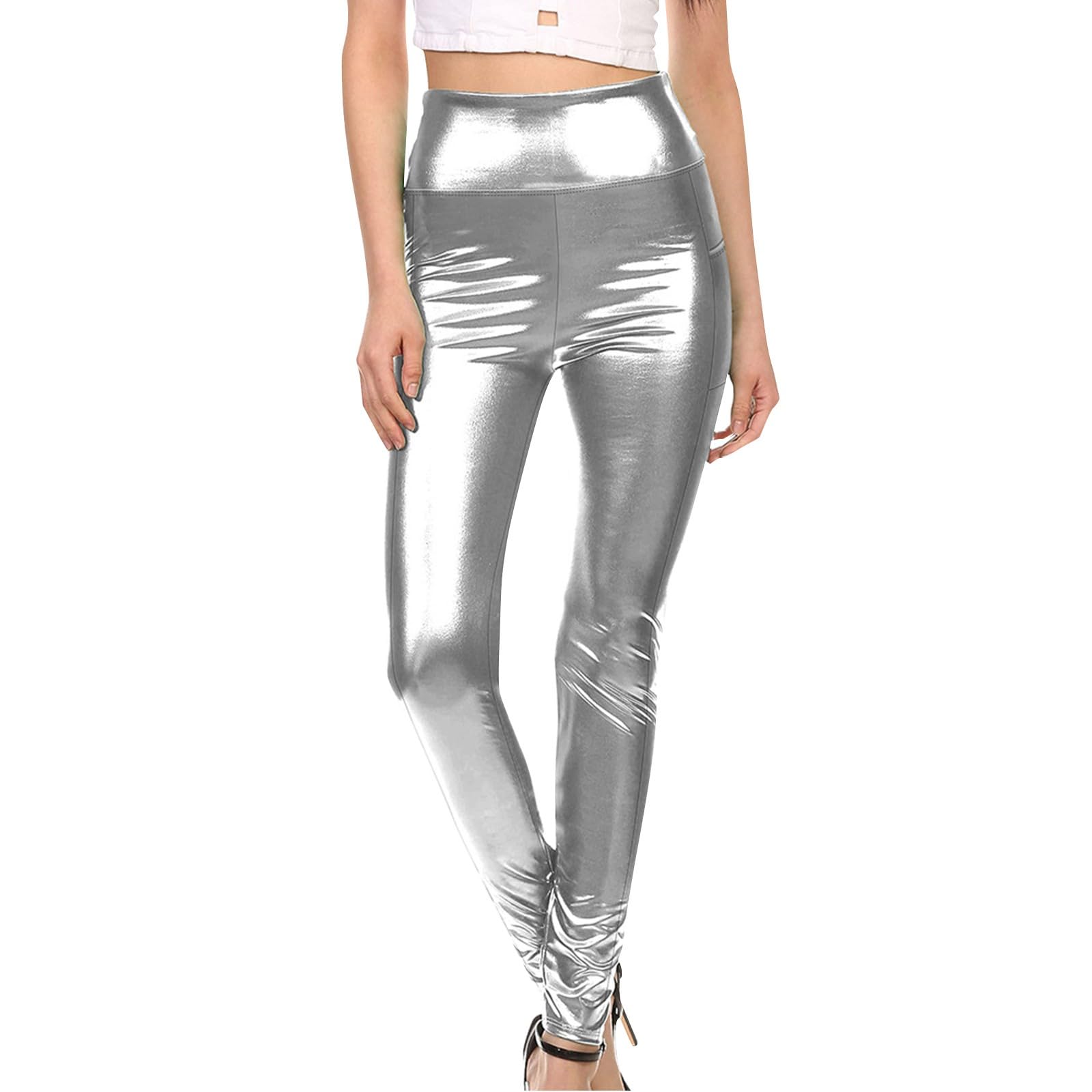 Womens Metallic Shiny Leggings Wet Look Pu Faux Leather Pants