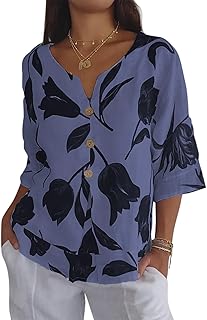 Womens 3/4 Length Sleeve Tops Dressy Casual V Neck Boho Floral Print Summer Blouses Shirts