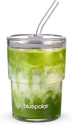 BLUEPOLAR 13oz/400ml Glass Water Tumbler with Straw and Lid Sealed Carry On Thick Wall Iced Coffee Cup Glass Cup for Water, Iced Tea Fruit Juice Etc(Aurora White