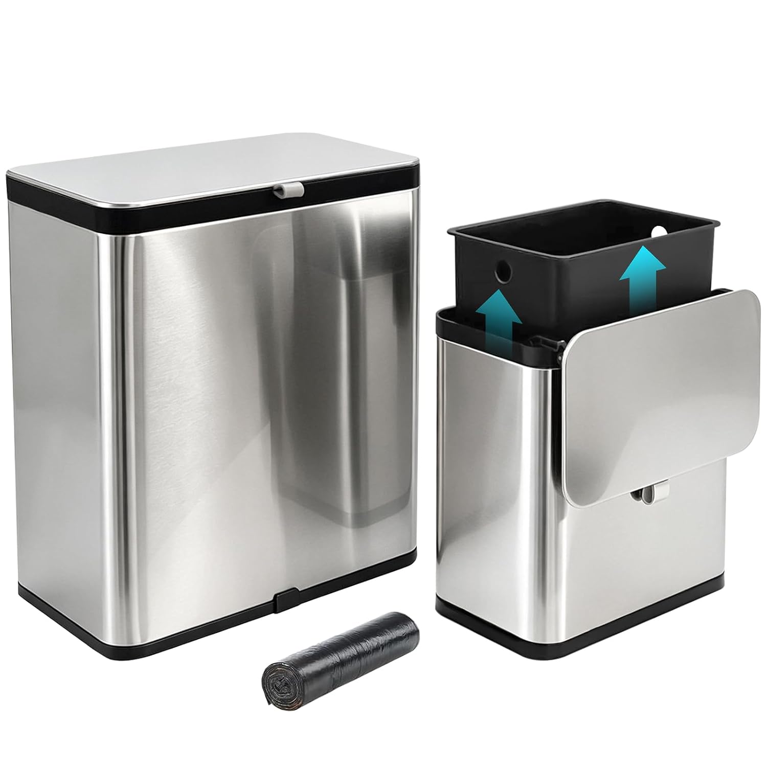 2 Pack Stainless Steel Hanging Trash Can with Lid & Inner Bucket, 2.1 Gal & 0.8 Gal Small Garbage Can for Kitchen Compost, Under Sink Wall Mounted Bin for Bathroom, Cupboard, RV, Fingerprint-Proof