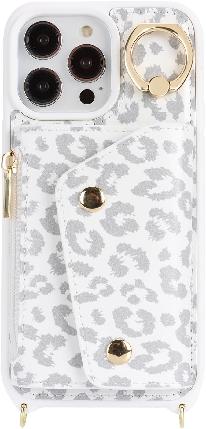 Lipvina for iPhone 13 Pro Max Case with Card Holder and Strap - Zipper Pocket,Crossbody Lanyard Strap,Credit Card Holder,Stand Ring,Cute Phone Wallet Case for Women(White Leopard,6.7 Inch)