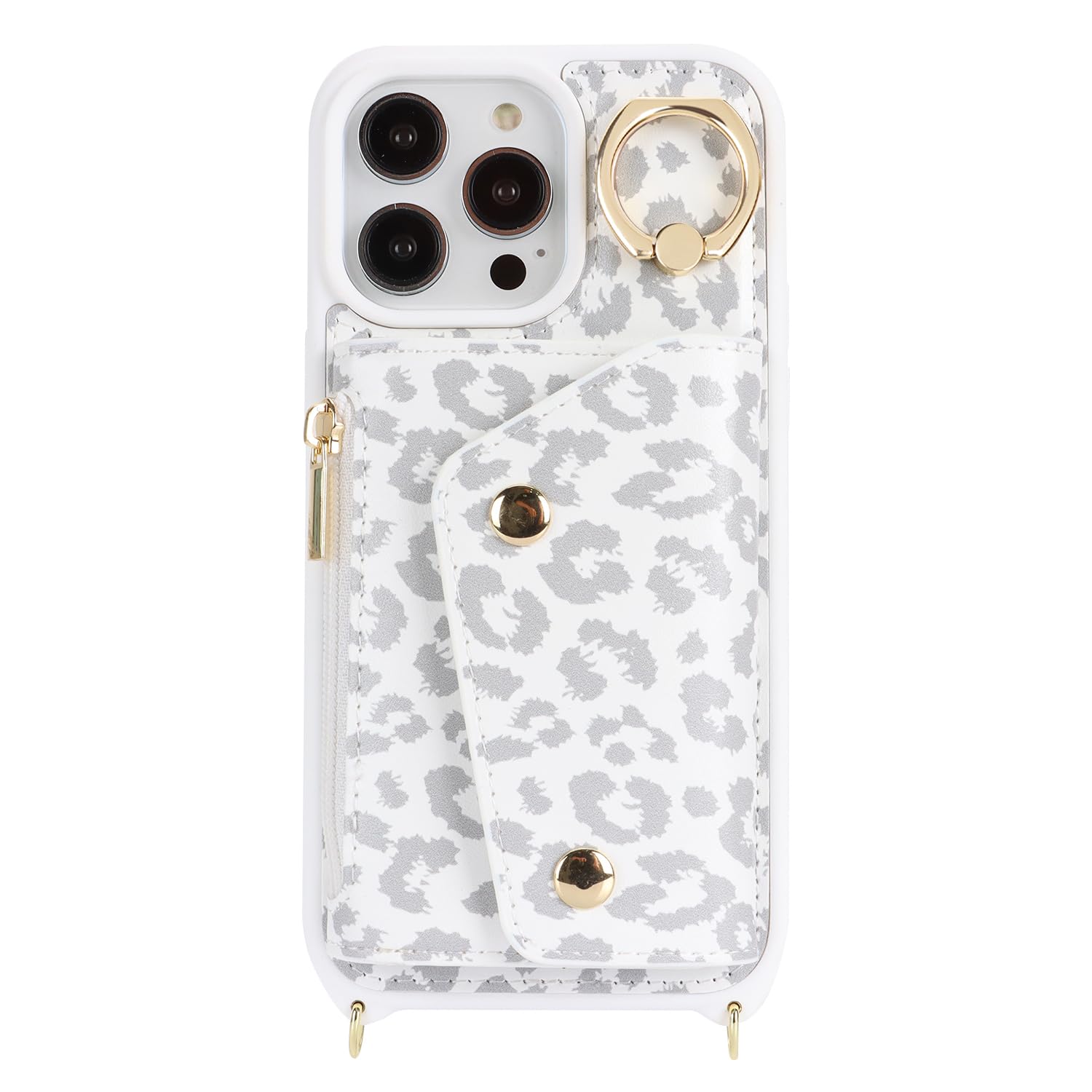 Lipvina Funda para iPhone 13 Pro con Cordón Porta Tarjeta Funda iPhone 13 Pro con Cremallera Cartera Mujer TeléfonoPortátil Ajustable Collar Funda Funda con Anillo para Mujer - Leopardo blancoo