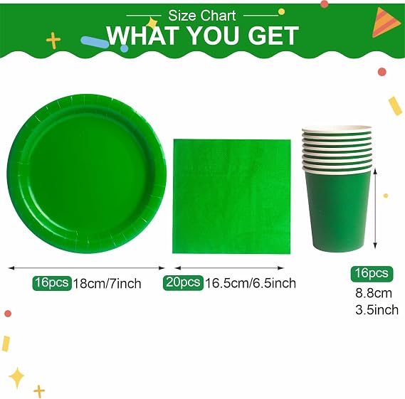 52pcs Green Disposable Tableware Set - 20 Paper Napkins 16 Cups 16pcs 7inch Paper Plates | Biodegradable Solid Color Green Dinnerware for Birthdays, Weddings, Kids Adult Christmas Party