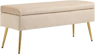 HOMCOM Storage Bench 2 in 1 Velvet Bench 30.5 L Storage Bench with Hinged Lid and Metal Legs for Hallway, Living Room, Bedroom - 102 x 35 x 43 cm, Beige