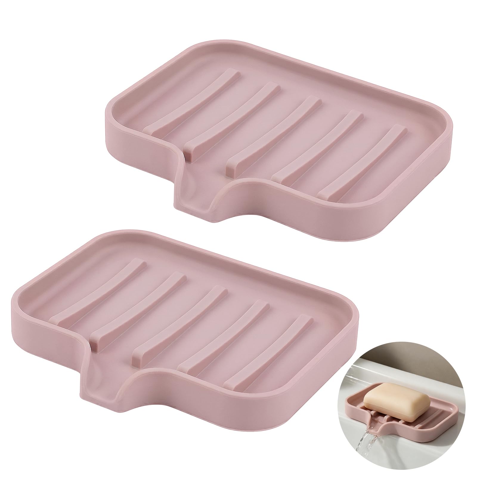 Gurwen 2 Pcs Silicone Soap Dish with Drainage for Bathroom, Pink