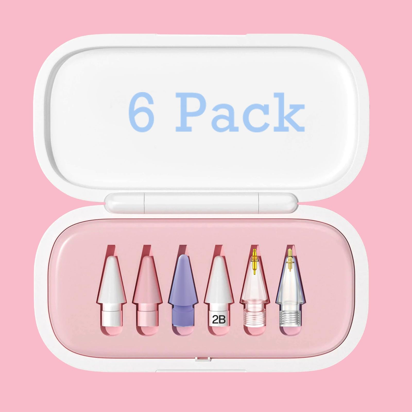 Pack of 6 Tips Replacement for Apple Pencil 1/2/Pro Generation, Highly Sensitive Replacement Tips and Precise Control Pen/Stylus Nib for iPad Pencil (C-6 Pieces with Pink Box) 6pcs with pink box