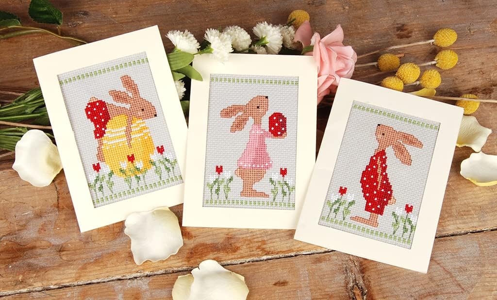 Vervaco Counted Cross Stitch Greeting Card Kit 4.2"X6" 3/Pk-Easter Rabbits (14 Count) -V0196171