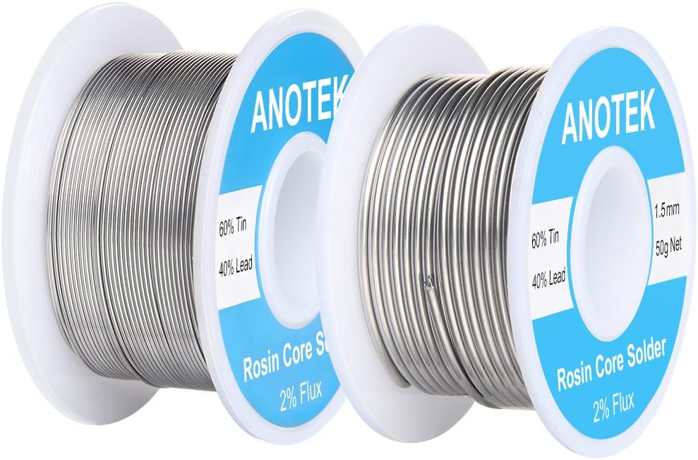 60/40 Rosin Core Solder Wire, 0.6mm and 1.5mm Tin Lead Rosin Core Solder for Stained Glass, Electronics, Gauge Wires, Jewelry, Electric Toys and Models,(0.6mm and 1.5mm/ 50g) - Amazon product rated Grade A