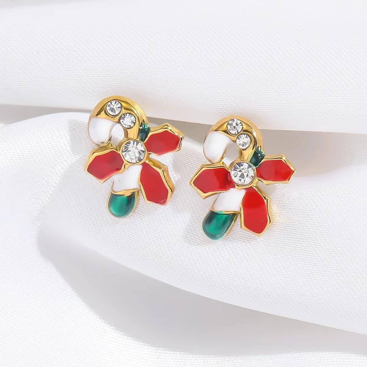 Kokoma Candy Cane Stud Earrings for Women Cubic Zirconia Enamel Earrings Cute Christmas Cartilage Studs Winter Holiday Xmas Ear Jewelry - Image 3
