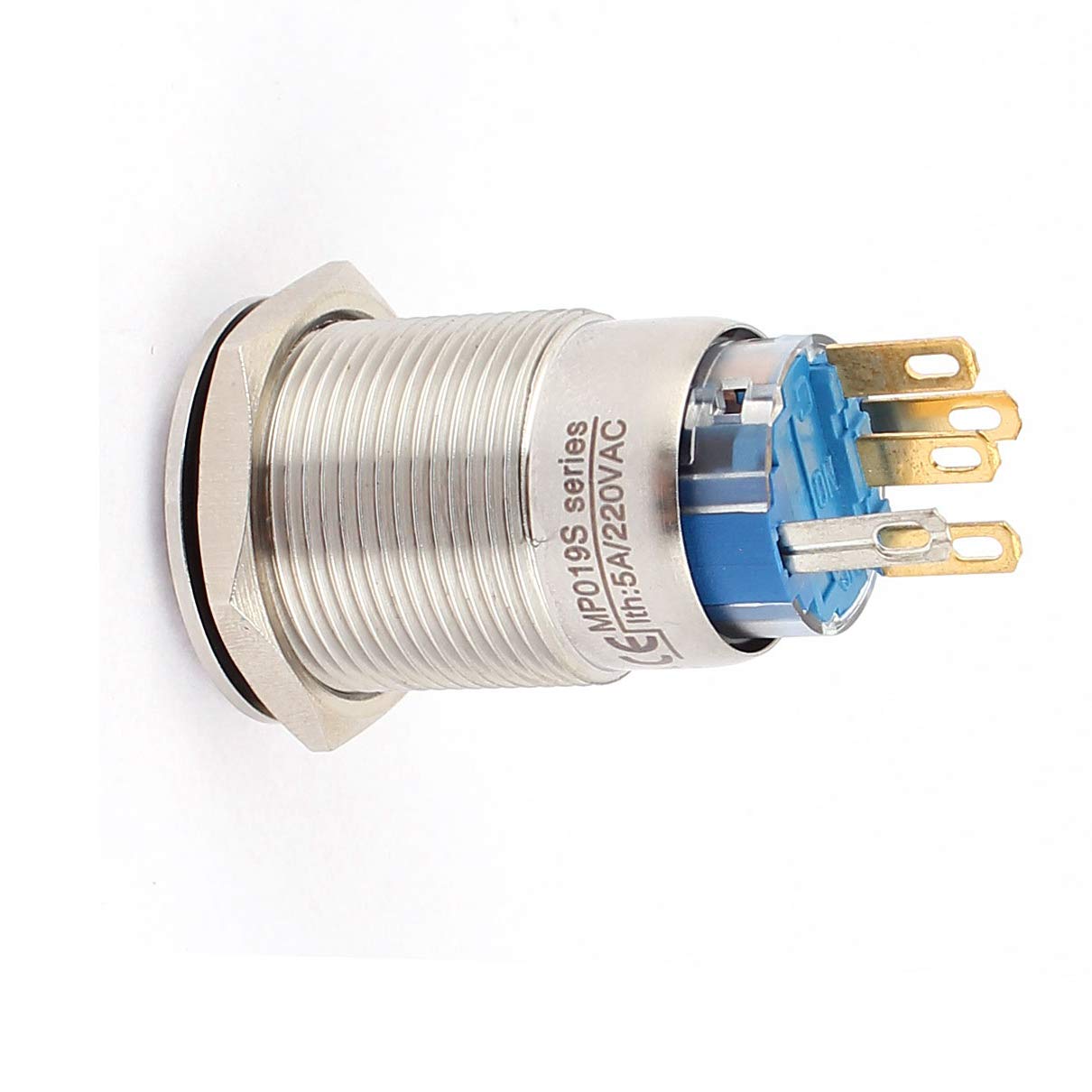 Interruptores de 12V CC, luz LED azul, 19mm, NO/NC, interruptor de botón con cierre de cabeza plana