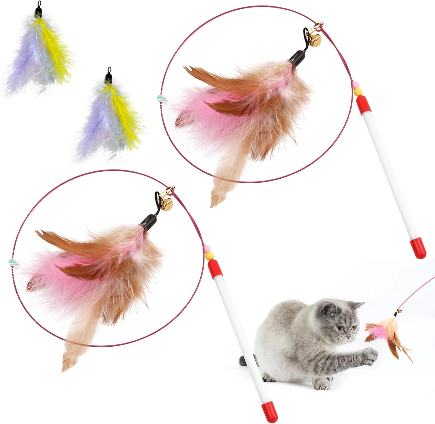 Girihe 2 Pack Cat Wand, with 2 Feather Refills with Bell Cat Feather Toy C at Toys Ca t Toys for Indoor Cats, Featherr Wand Ca t Toy for Cats & Kittens Entertainment