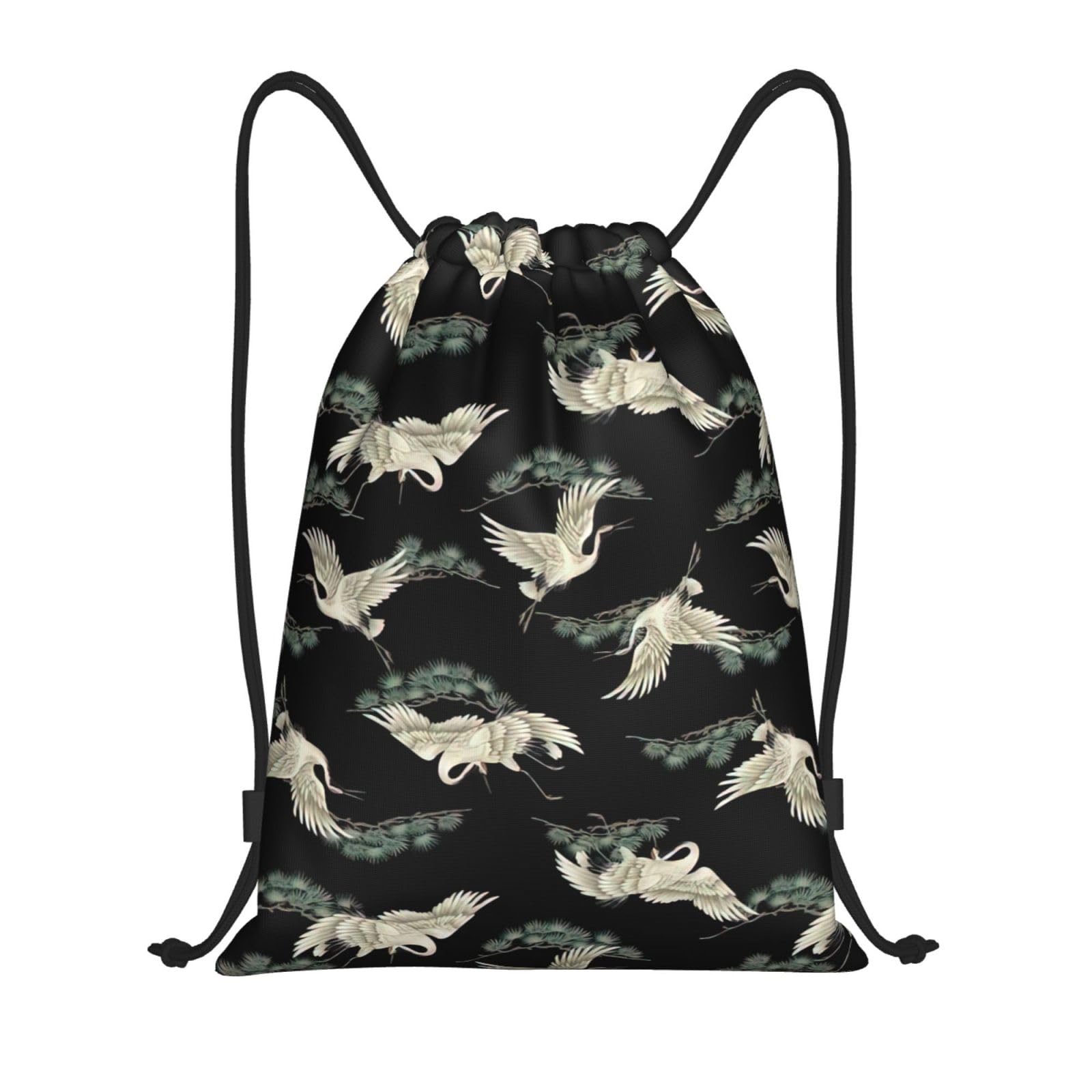 Yyoretp Unisex Black Japanese Crane & Pine Print Drawstring Bags,Sport Gym Sack Drawstring Bag Suitable For Sport Swimming Travel