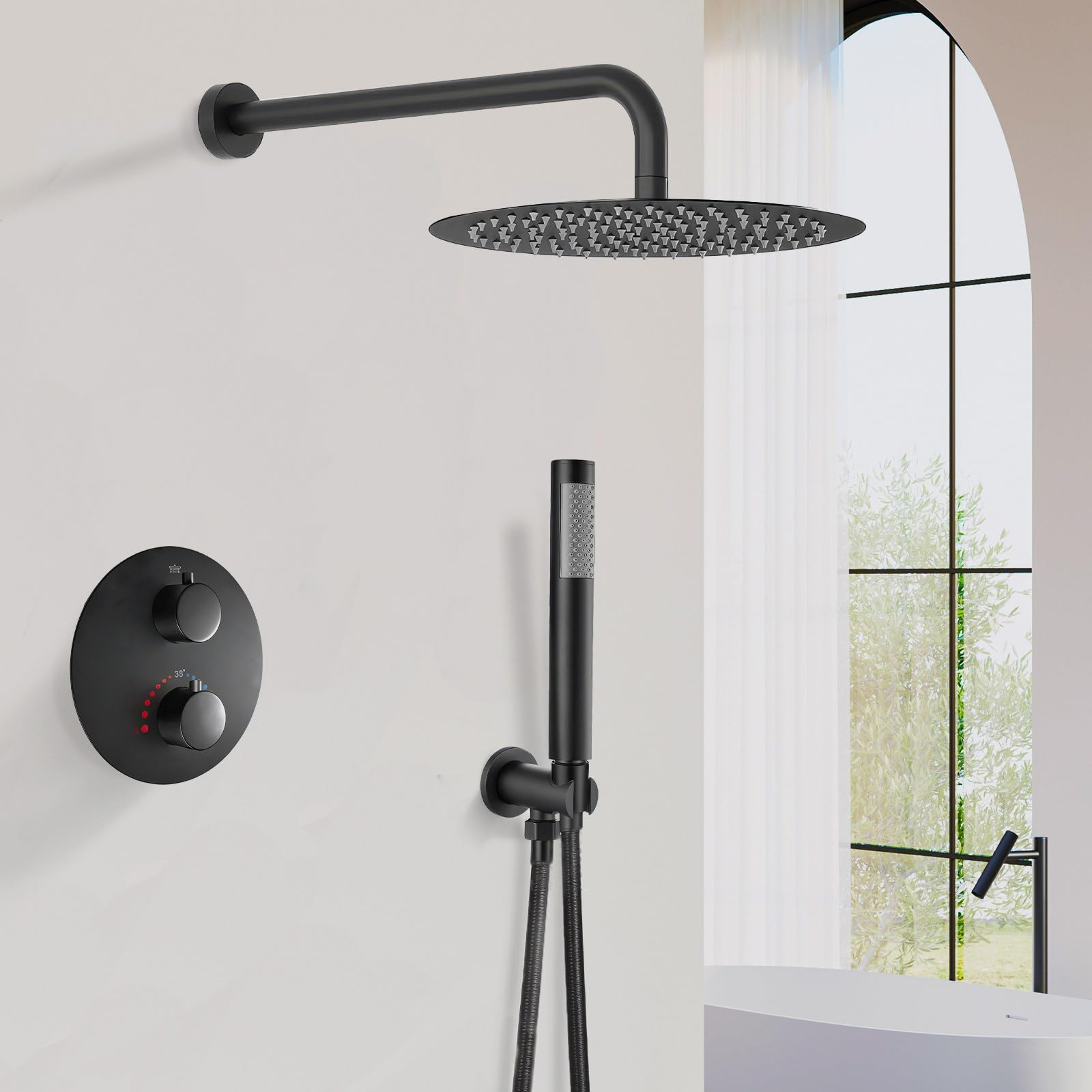 SaniteModar Unterputz Duscharmatur Set mit Thermostat, Schwarz | Rund. 25cm Regendusche, 1,5m Schlauch; leichtreinig. Silikon-Düsen; verstecktes Design; keine Wandbeschädigung bei Rep