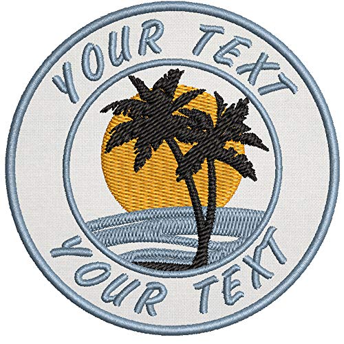 Custom Your Text Retro Vintage Sunset Beach Palm Tree Scene Embroidered Patch DIY Iron Sew-on Decorative Clothing Embroidery Badge Emblem Souvenir Applique Explore Wander More Vacation Travel Ocean