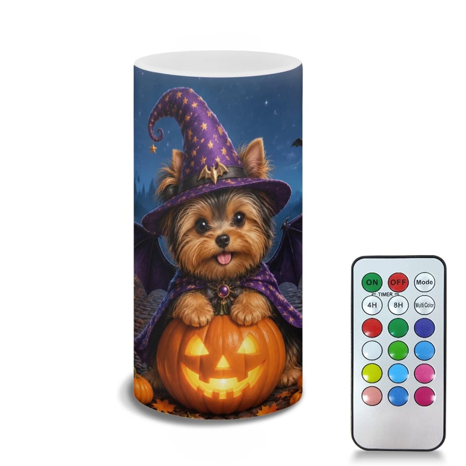 Poceacles LED Flameless Candles Battery Operated Candles with Remote Control Timer Flickering Wick Pillar Tealight for Home Outdoor Halloween Decor, Wizard Hat Yorkie Dog Pumpkin Print
