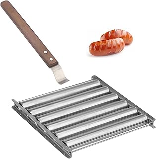 Suporte de rolo para cachorro-quente – Suporte de rolo de salsicha de aço inoxidável com cabo de madeira extra longo, ferramentas para churrasco, capacidade para 5 cachorros