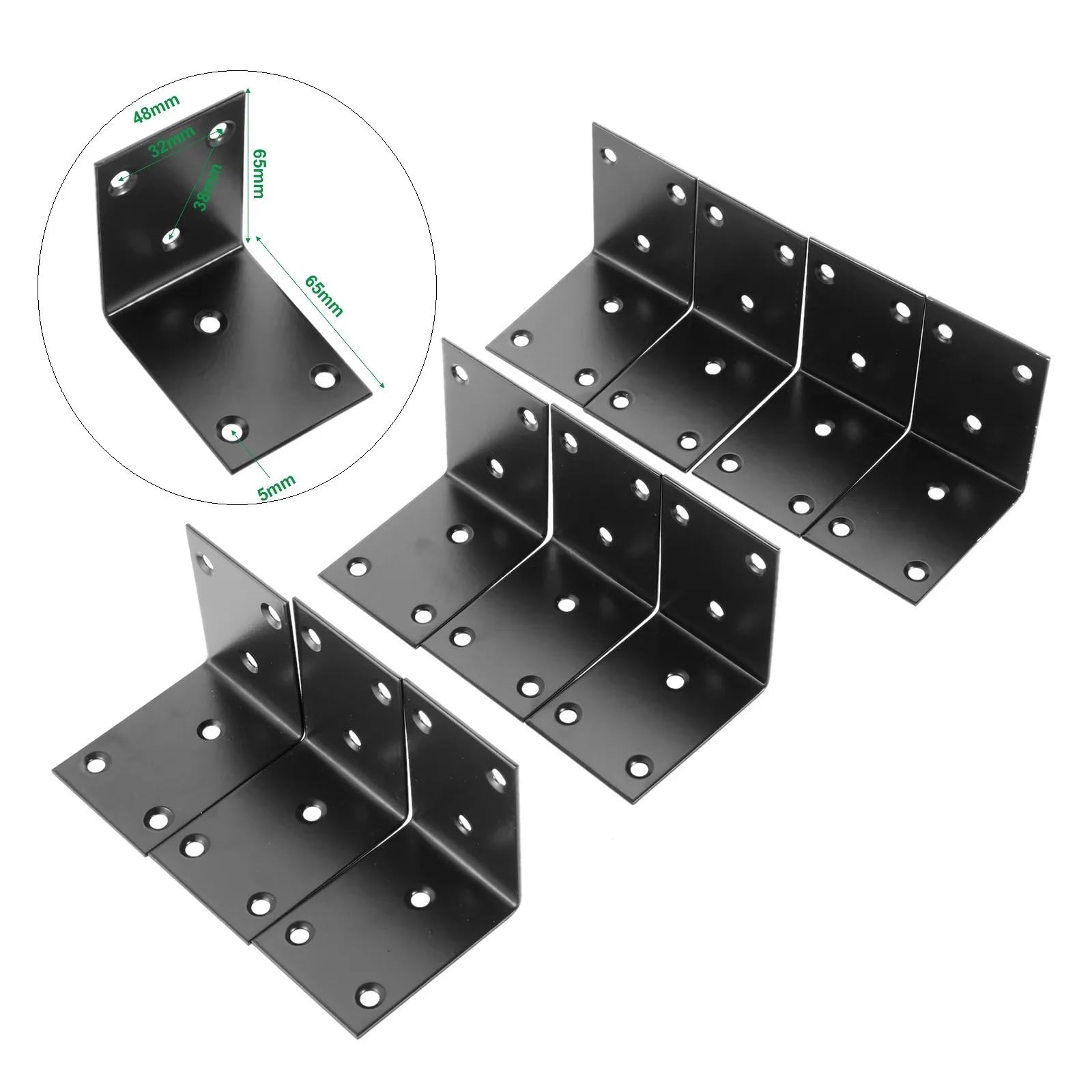10 pezzi in acciaio inox resistente a forma di L 90 gradi nero angolo retto staffe di rinforzo giunto mobili in legno mensola di supporto(48x65x2mm - 6 hole)