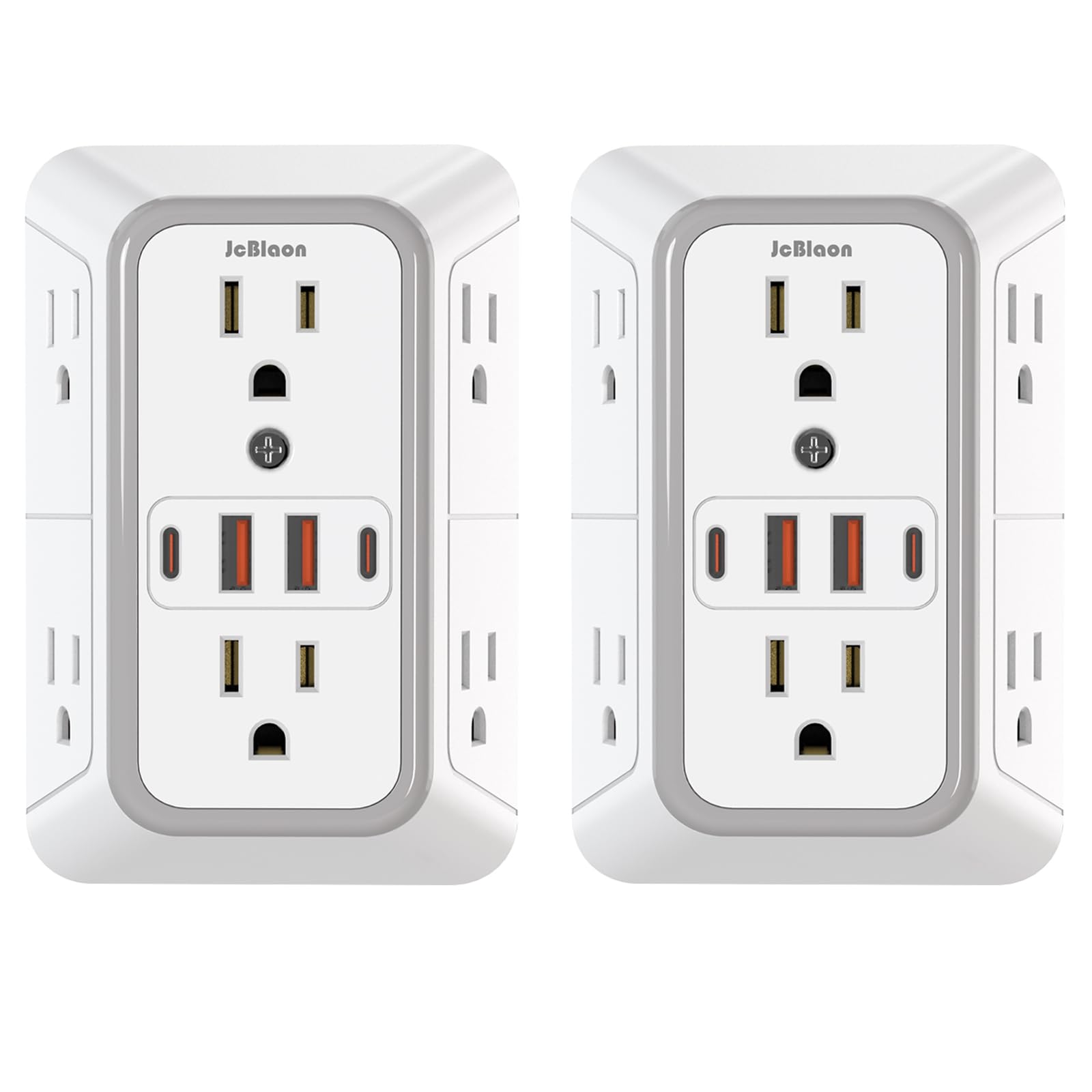 2 Pack Wall Charger, Surge Protector 6 Outlet Extender Multi Plug Wall Outlets with 4 USB Charging Ports (2 USB C Outlet) 3 Sided 1050J Power Strip Wall Adapter Spaced for Home Travel Office
