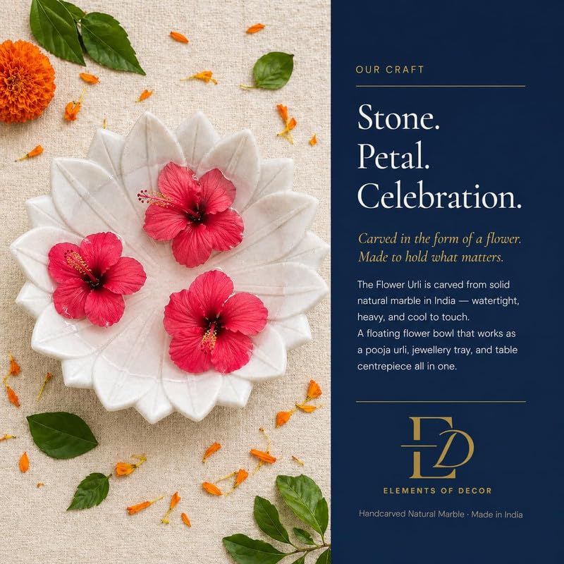 Image of Marble Urli Bowl for Home Decor | Handcrafted Floating Bowl, Decorative Centerpiece for Living Room Table, Luxury Stone Urli Dish, Pooja Decor & Festive Gift Item (Floral /6 Inch)