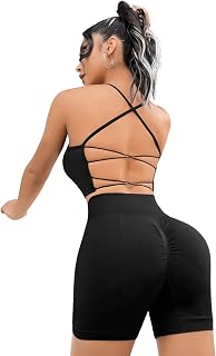 SOLY HUX Womens Workout Sets 2 Piece Backless Criss Cross Ribbed Seamless Crop Cami High Waist Shorts Sets