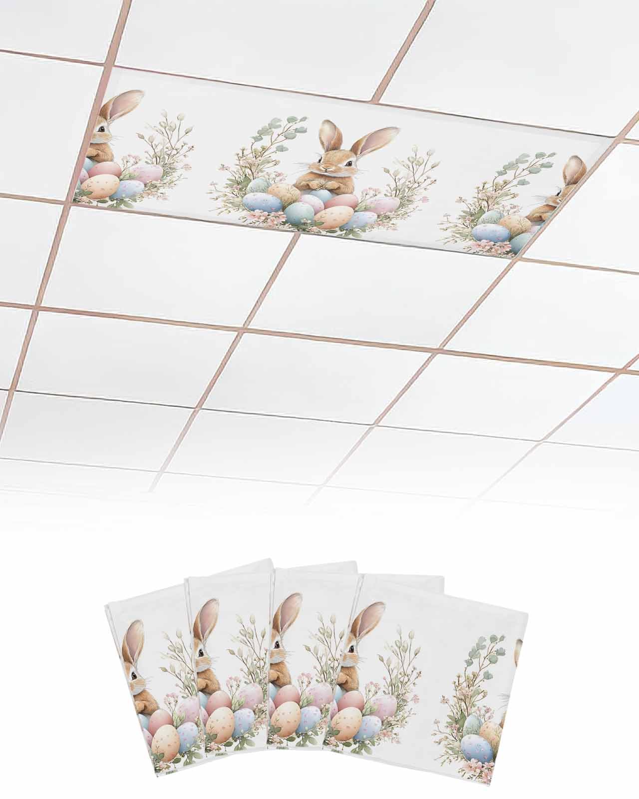 EwdeWwo Easter Spring 4 Pcs Fluorescent Light Covers for Ceiling Lights, Easter Bunny Egg Flower Magnetic Light Filters for Eliminate Harsh Glare Classroom Office Decoration, 4 x 2 Ft