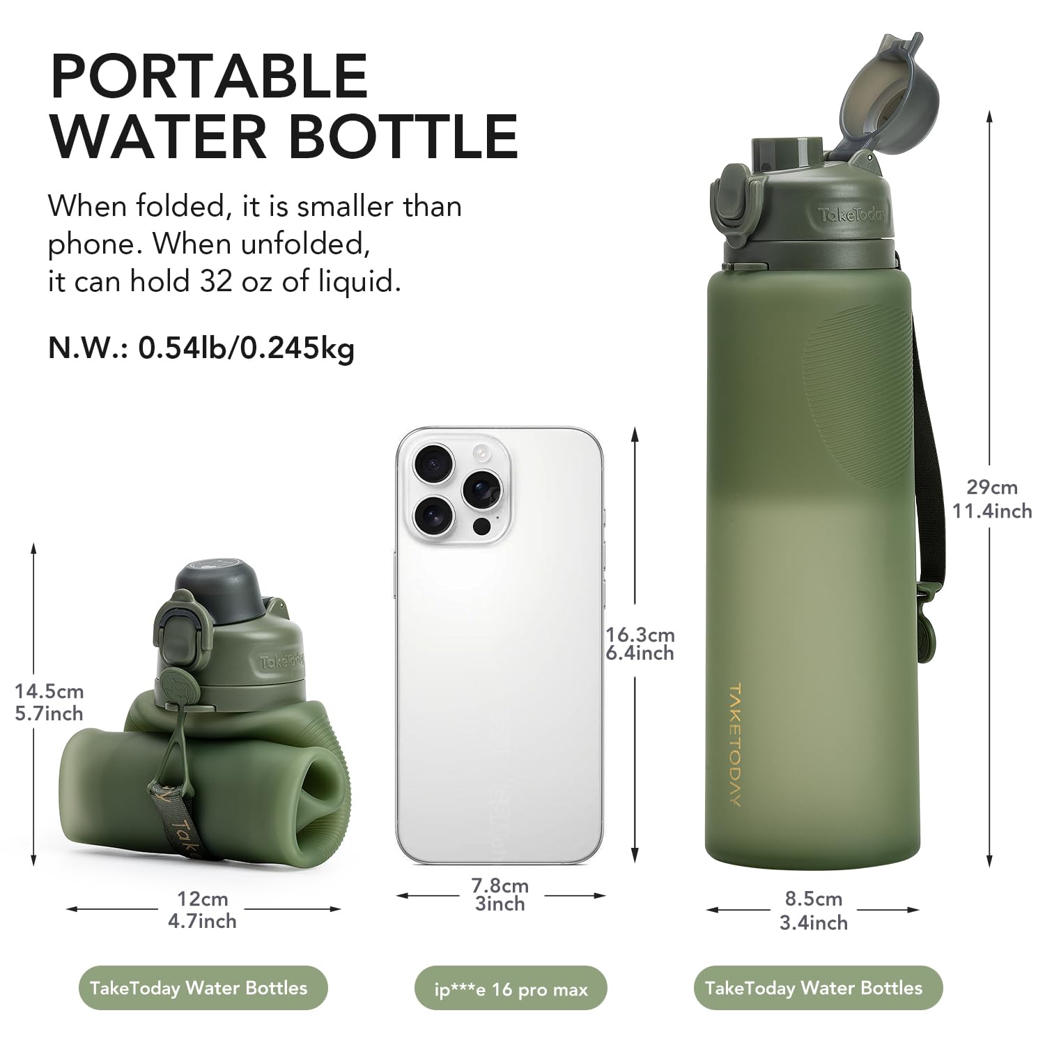 TakeToday Faltbare Silikon-Wasserflaschen, 900 ml, faltbare Reiseflasche mit Gurt, BPA-frei, auslaufsicher, für Wandern, internationale Reisen, Outdoor (grün)