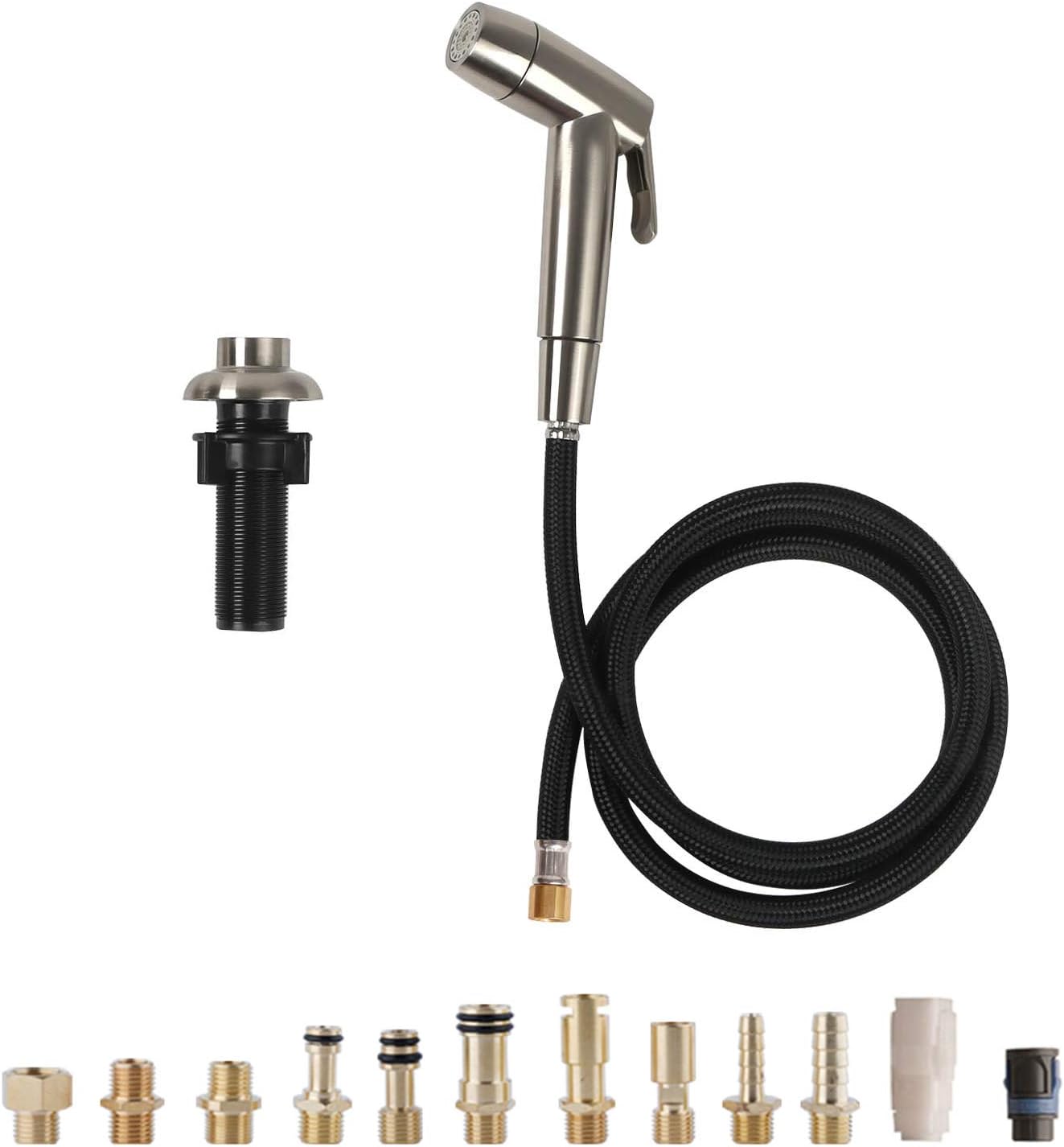 Kitchen Side Sprayer, Universal Dual Function Kitchen Sink Faucet Sprayer Head Replacement with Hose and Holder, Adjustable Flow(Strong Jet/Soft Bubble) with 12 Brass Adapters- Brushed Nickel