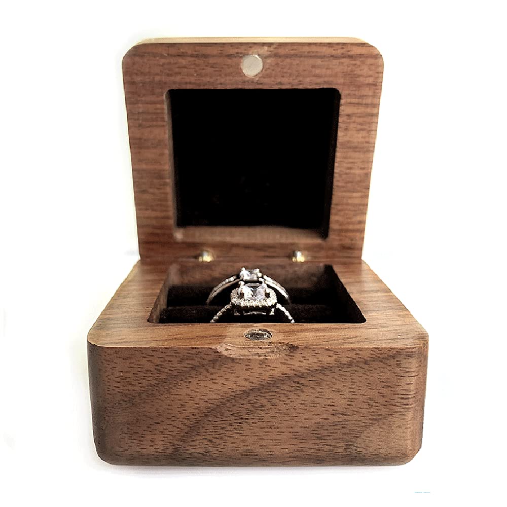 WANLIAN Walnut Engagement Ring Box, Solid Wood Square Double Ring Jewelry Storage Box, Used for Marriage Proposal, Wedding