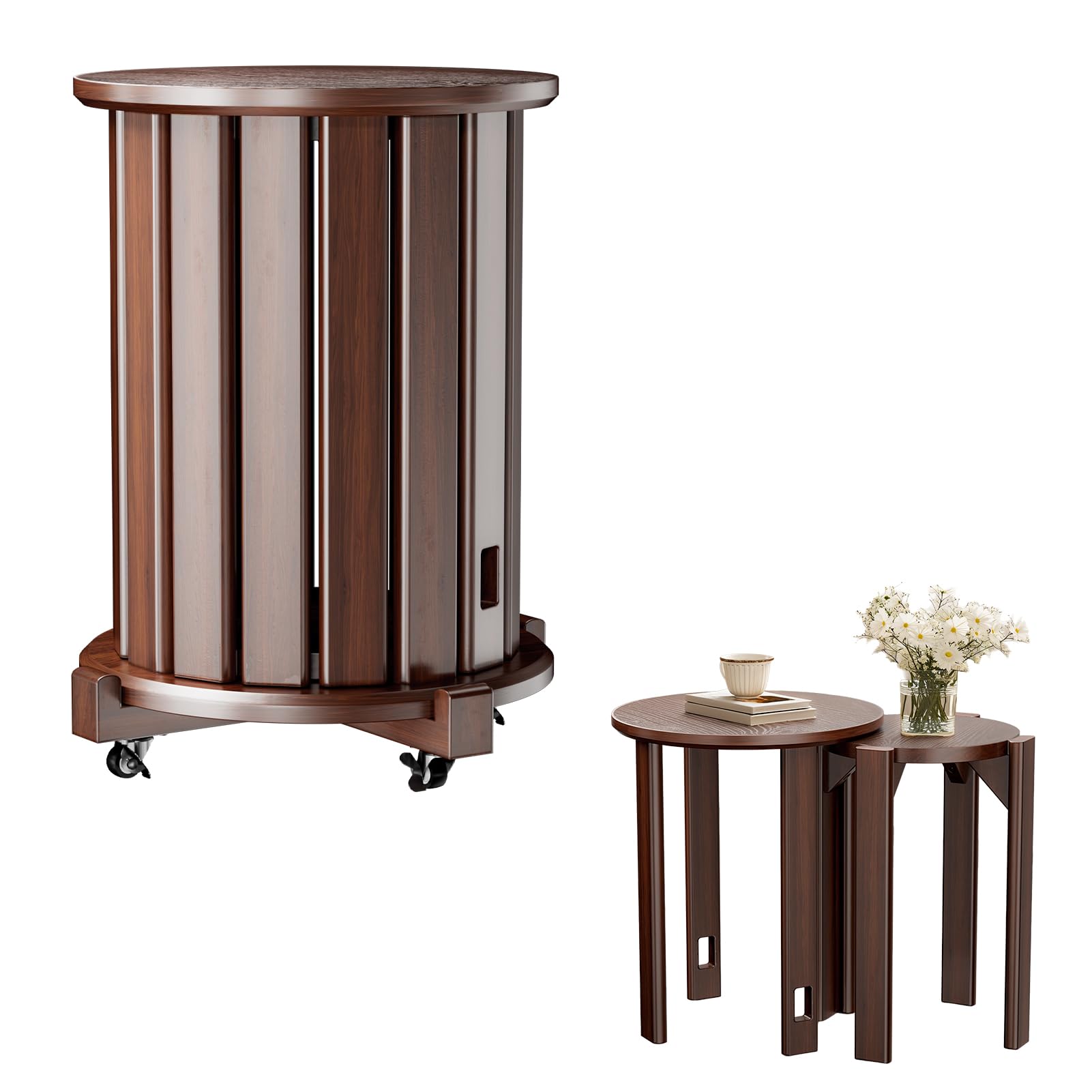 tekrabea Round Stackable Stools Set of 4, Wooden Nesting Chairs on Wheels, No Assembly Required Round Stacking Stool for Kitchen, Living Room, Bar, Dorm (Brown)
