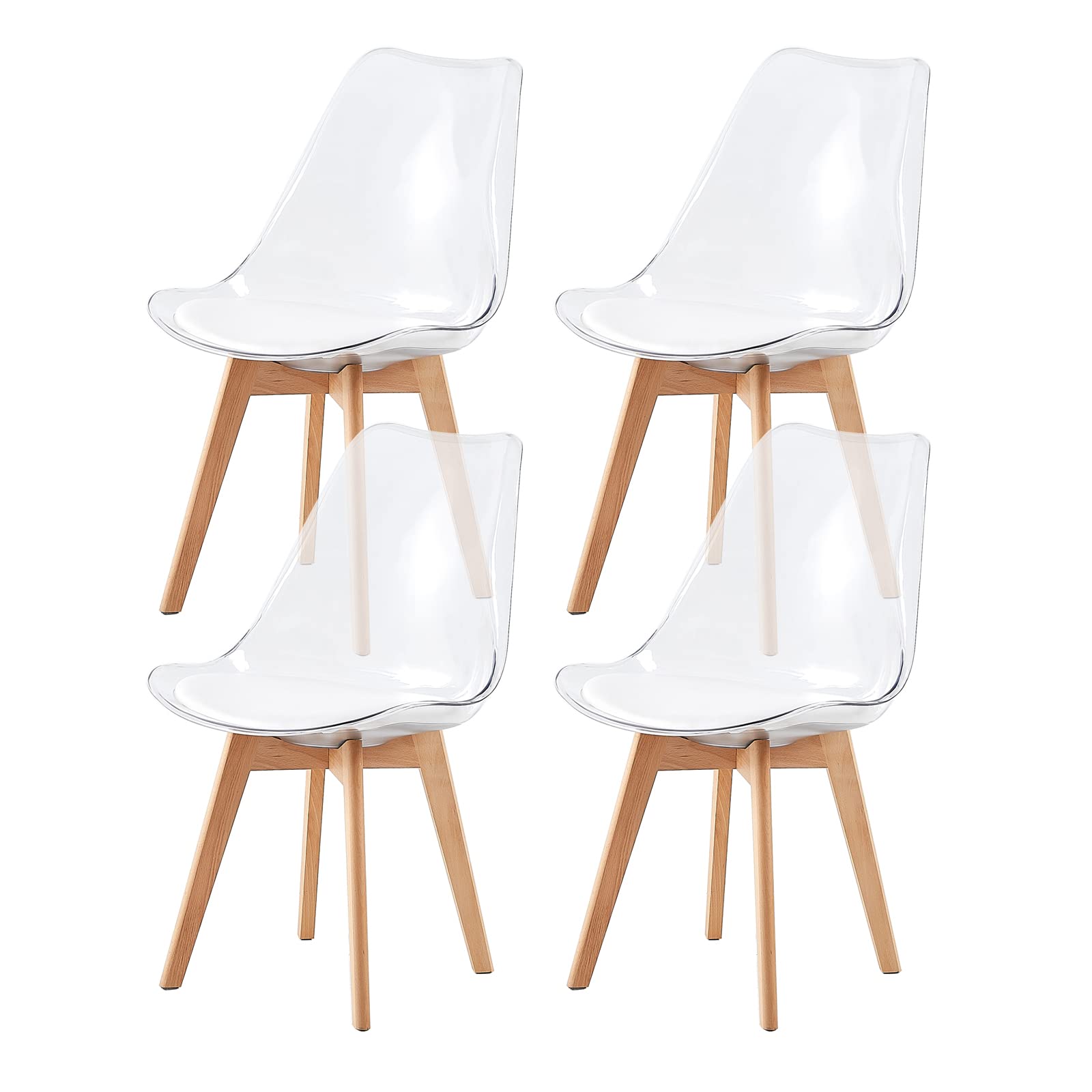 Clear Dining Room Chairs Set of 4 Dinner Chairs, Living Room Bedroom Outdoor Lounge Cafe Chairs with Comfy Cushion and Solid Wood Legs, Easy to Assemble and Maintain, Clear Brown Seat Back, 4 PCS