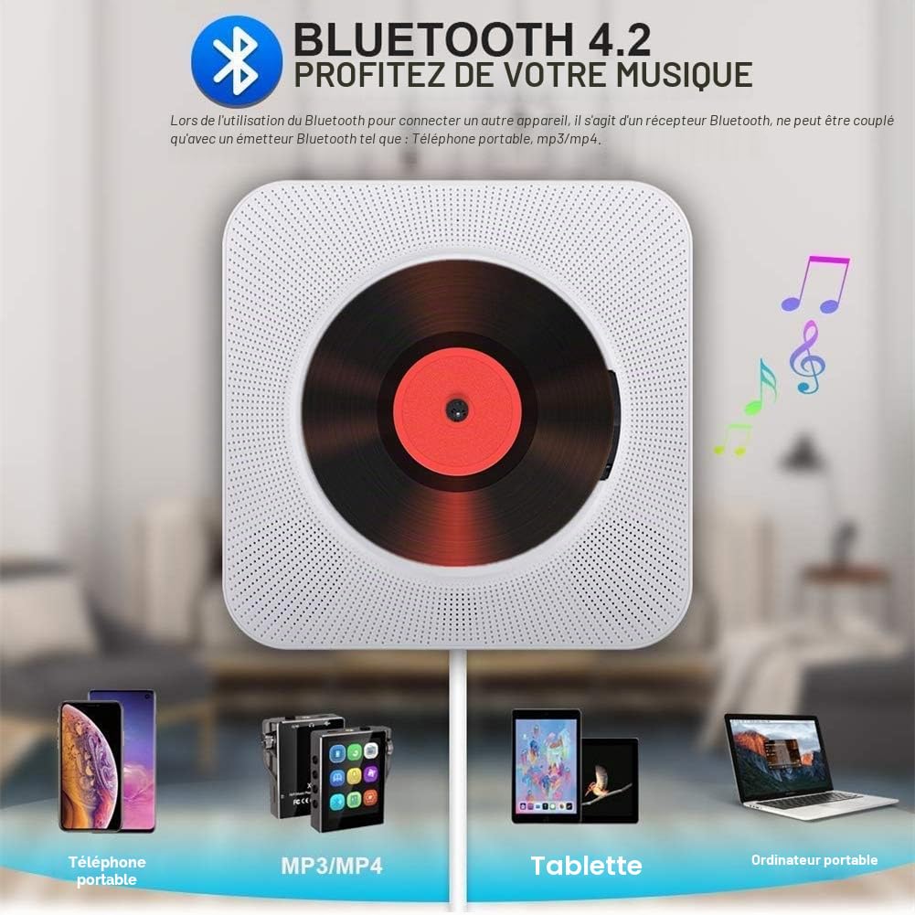 Lecteur de CD Portable de Bureau avec Bluetooth - Lecteur CD Musical Mural Multifuctional Intégré dans Les Haut-parleurs HiFi Home Mini Lecteur CD Audio Boombox avec Télécommande（Blanc）