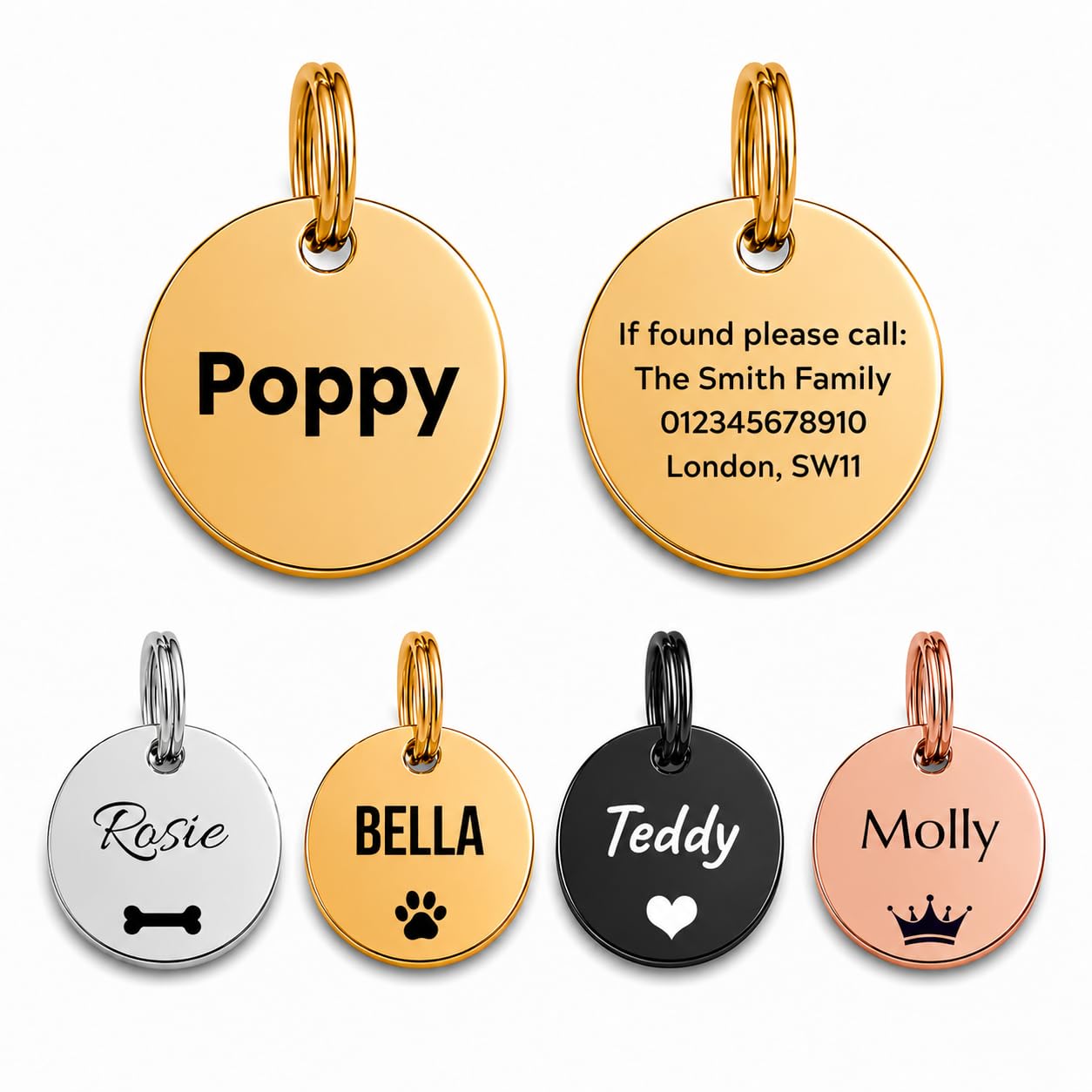 Personalised Stainless Steel Dog Tag – Gold Round Pet ID Tag – Medium 30mm