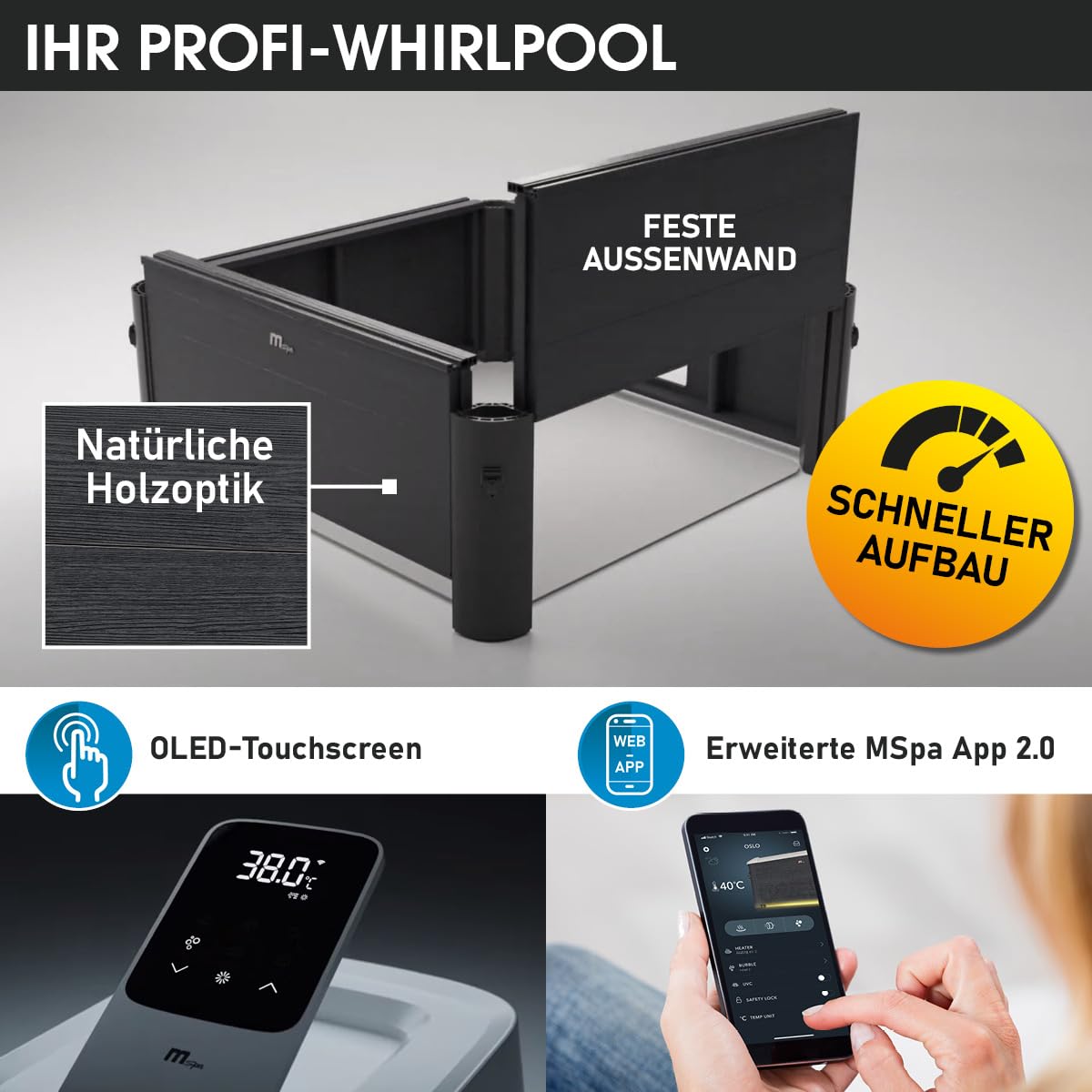 BRAST Whirlpool MSpa Oslo mit Fester Außenwand | LED-Beleuchtung mit 20 einstellbaren Farben für 6 Personen | 160x160x65cm | 120 Massagedüsen | Ganzjähriger Einsatz Winterfest | In & Outdoor Pool