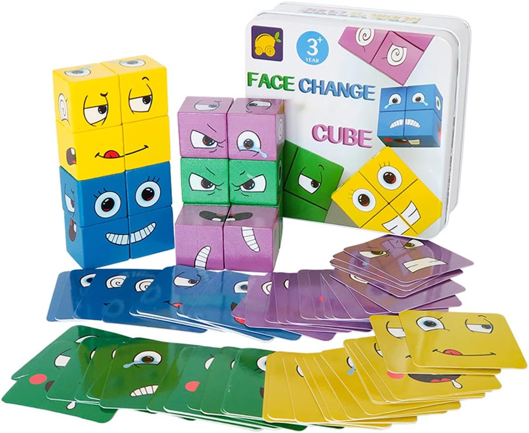 Speed Cube Wooden Expressions Matching Block Puzzles Cute Portable Face-Changing Cube Building Cubes Blocks Parent-Child Board Educational Games for Kids